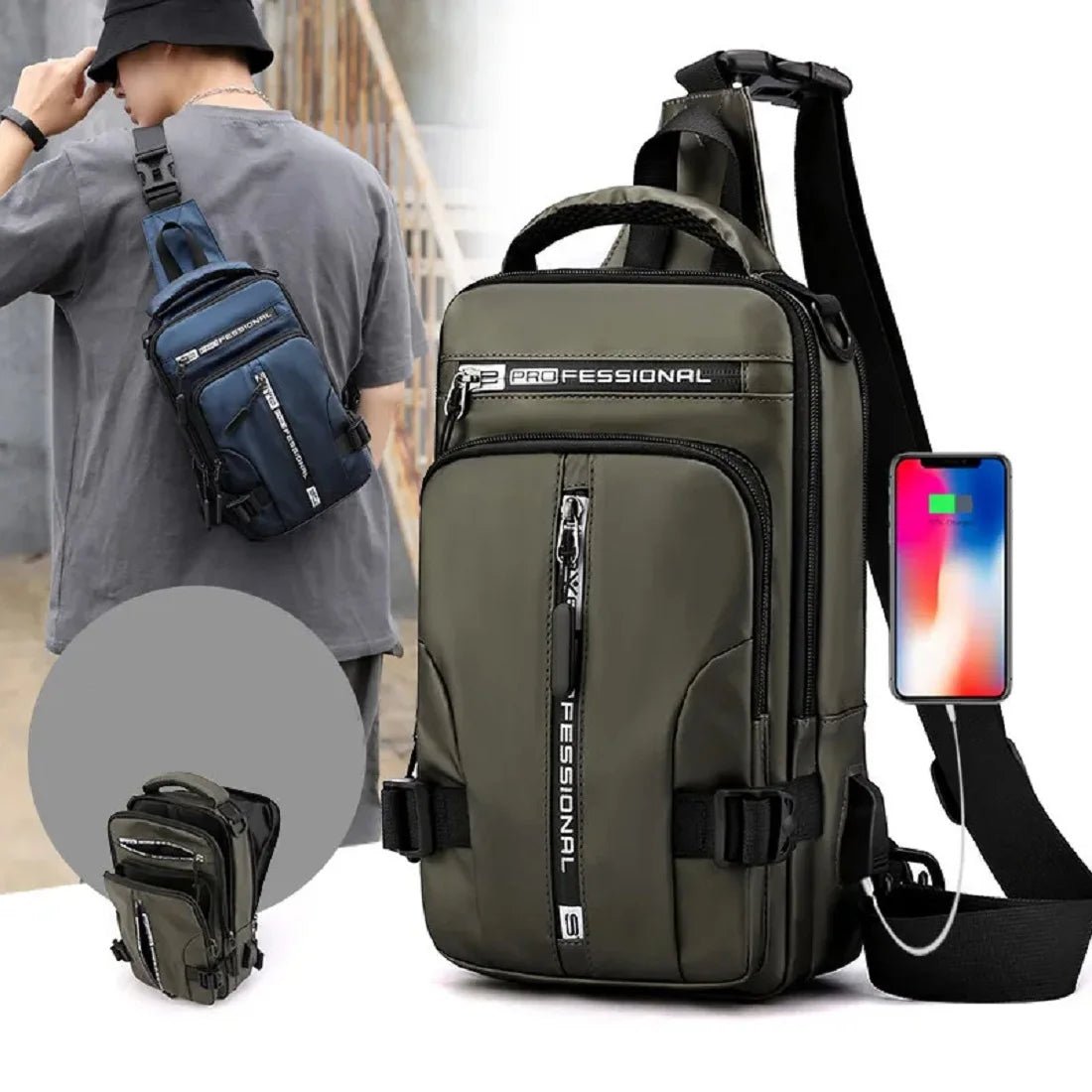 Bolsa Masculina Impermeável com Carregamento USB e Design Multifuncional - Chama Oficial