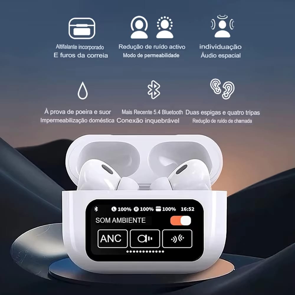 Fone de Ouvido Bluetooth 5.4 com Cancelamento de Ruído e Tela Touch - Chama Oficial