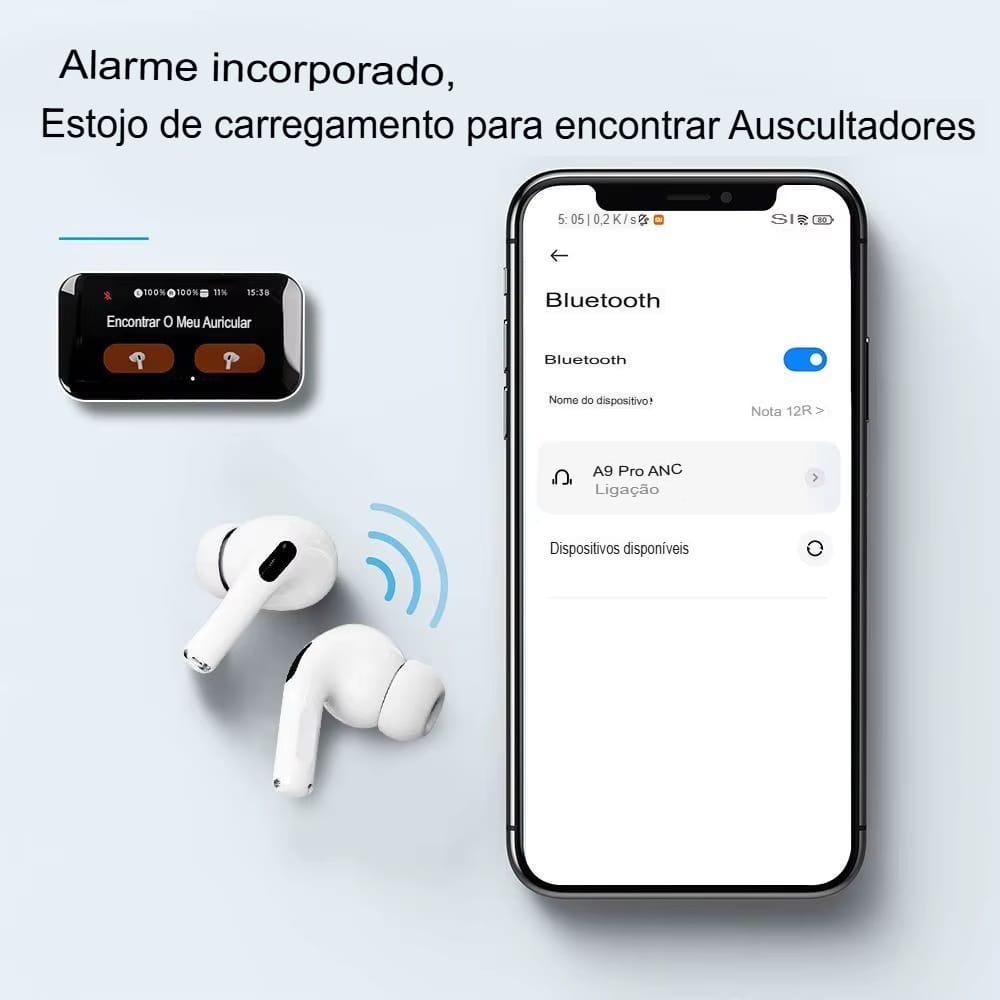 Fone de Ouvido Bluetooth 5.4 com Cancelamento de Ruído e Tela Touch - Chama Oficial
