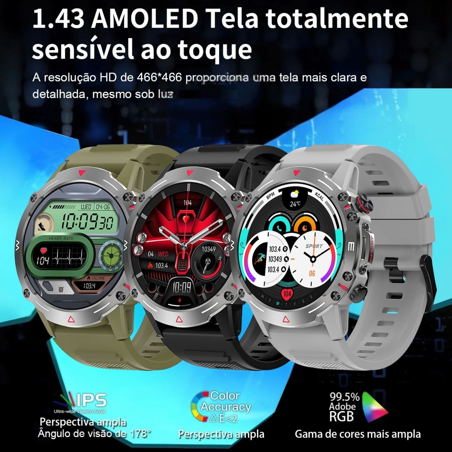 Smartwatch AMOLED 1,43” Chamadas Hi-Fi, Resistente Militar, Multi Esportes - Chama Oficial