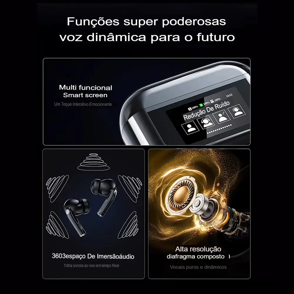 Fone de Ouvido Bluetooth 5.4 com Cancelamento de Ruído e Tela Touch